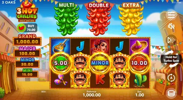 main 3 Super Hot Chillies game screen with reels and jackpots